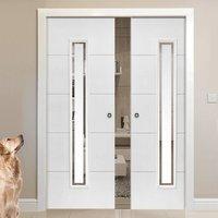 Dominion White Double Pocket Doors - Etched Clear Glass