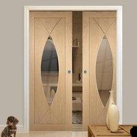 double pocket pesaro oak door with clear safe glass