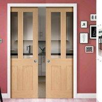 Double Pocket Malton Oak Shaker 2 panel & 2 Pane Door - Clear Safe Glass