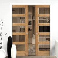 Double Pocket Contemporary 5 Pane Oak Veneered Door with Clear Safety Glass, Prefinished