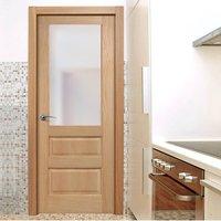 Door Set Kit, Contemporary 1 Pane - 2 Panelled Oak Veneered Door - Frosted Safe Glass - Prefinished