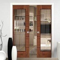 Double Pocket Ravenna Walnut Flush Door - Clear Glass, Prefinished