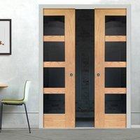 Double Pocket Shaker Oak 4 Pane Door with Clear Safe Glass