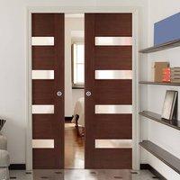 Double Pocket Monaco Walnut Flush Veneer Door with Linea Frosted Glass and Lacquer Pre-Finishing