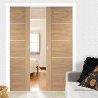Double Pocket Portici Oak Flush Door with Aluminium Inlay, Prefinished