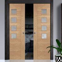 Double Pocket Palermo Oak Door with 4 Panes of Obscure Safe Glass