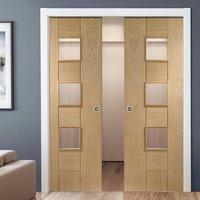 Double Pocket Messina Oak Door with Obscure Safe Glass