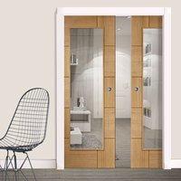 Double Pocket Ravenna Oak Door with Clear Safe Glass, Prefinished