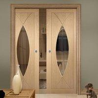 double pocket pesaro oak door with clear safe glass prefinished