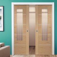 Double Pocket Portici Oak Flush Door, Aluminium Inlay & Clear Glass, Prefinished