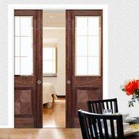 Double Pocket Valencia Walnut Door with Lacquer Finishing and Frosted Safety Glass with Clear Bevel Edges