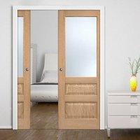 Double Pocket Contemporary 1 Pane - 2 Panel Oak Veneered Door with Frosted Safety Glass - Prefinished