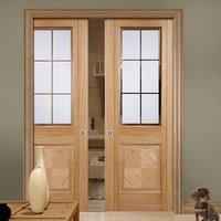 Double Pocket Valencia Oak Door with Lacquer Finishing and Frosted Safety Glass with Clear Bevel Edges