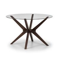 Domino Glass Dining Table Round In Clear With Walnut Legs