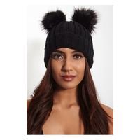 Double Pom Pom Black Beanie Hat