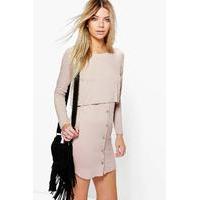 Double Layer Long Sleeve Shift Dress - sand