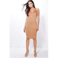 double strap plunge midi dress tan