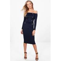 double breasted off the shoulder midi dress navy