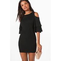 Double Layer Ruffle Cold Shoulder Bodycon Dress - black