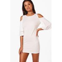 Double Layer Ruffle Cold Shoulder Bodycon Dress - white