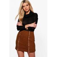 double zip front suedette mini skirt tan
