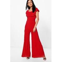 double layer off the shoulder wide leg jumpsuit red