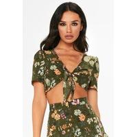 Dolly Khaki Floral Tie Front Top
