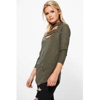 Double Strap Neck Rib Top - khaki