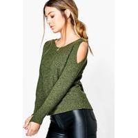 Donna Cold Shoulder Moss Stitch Jumper - khaki