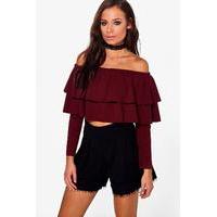 Double Frill Off The Shoulder Crop - wine