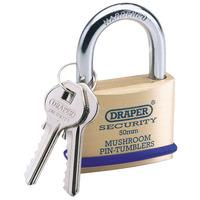 Draper 64162 50mm Solid Brass Padlock and 2 Keys with Mushroom Pin...