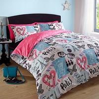 Dreamscene Duvet Cover with Pillowcase Bedding Set Paris Pink Eiffel Tower - Double