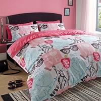 Dreamscene Duvet Cover with Pillowcase Bedding Set New York Pink Blue Brown -Double