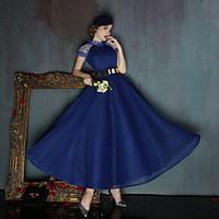 dress ball gown high neck tea length spandex with sash ribbon sequins