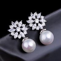 drop earrings pearl zircon cubic zirconia copper fashion round flower  ...