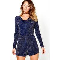 Drape Front Sparkle Playsuit - navy