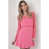 Drop Hem Skater Dress with Lace Detail in Pink