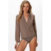 drape chiffon long sleeve woven bodysuit mocha