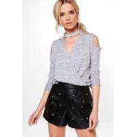 drape front lace insert knitted top grey