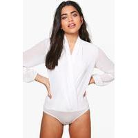 Drape Chiffon Long Sleeve Woven Bodysuit - ivory