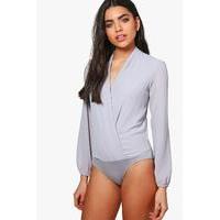 Drape Chiffon Long Sleeve Woven Bodysuit - grey