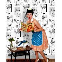 Dupenny 50s Housewives Wallpaper in Black and White 10m Roll Halfscale