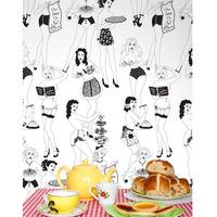 Dupenny Time for Tea Wallpaper in Black and White 3m Panel Halfscale
