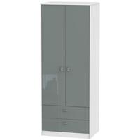 Dubai High Gloss Grey and White Wardrobe - Tall 2ft 6in with 2 Drawer