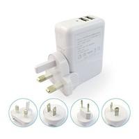 Dual USB World Travel Mains Charger with Interchangeable European, Australian, UK and America Plug Adapters