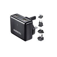 Duracell Dual USB World Travel Charger Adapter with Plugs for UK/Europe/U.S/Australia/New Zealand - Black