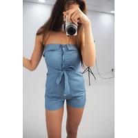 Dune denim bardot button tie front playsuit