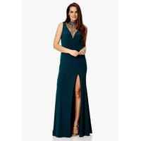 Dynasty London Sonja Illusion Neckline Embellished Maxi Dress in Emerald