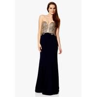 dynasty london laurentien strapless plunge maxi dress in navy and gold