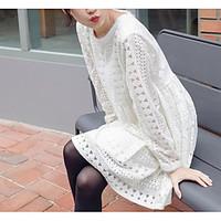 Early spring 2017 Korean sweet lace openwork crochet round neck long-sleeved solid color dress
